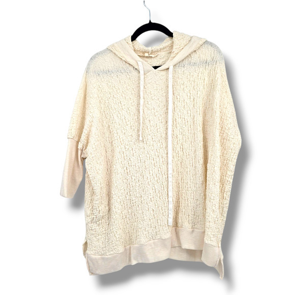 Easel Women's Crinkle Pop Fabric Lightweight Elbow Sleeve Hoodie Top Cream Small - Picture 1 of 8